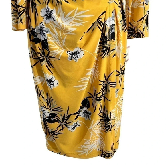 Anne Klein NEW Yellow Tropical Floral Dress 6 Jersey Stretch Draped Knee Length - Picture 7 of 11